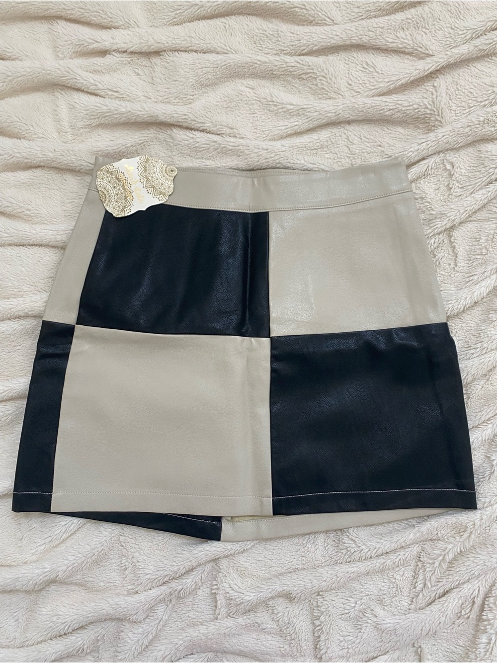 NWT Altar'd State checkered pleather mini skirt black/cream colorblock Sz S